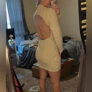 Cable-Knit Open Back Mini Sweater Dress